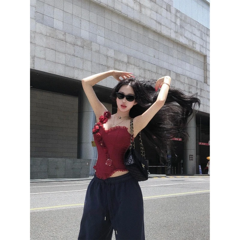 红色蕾丝吊带背心女网红泰式辣妹一字肩鱼骨抹胸小上衣带胸垫外穿