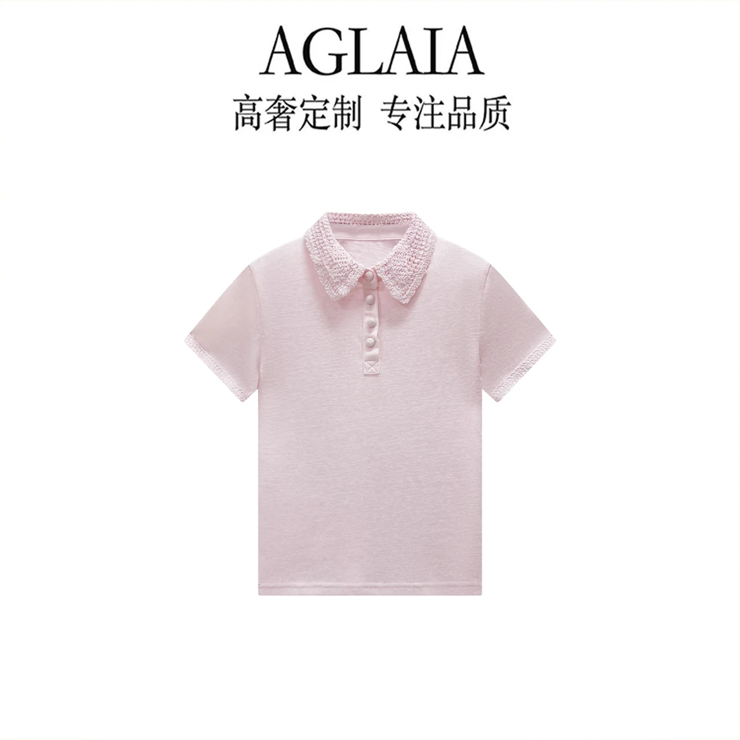 AGLAIA~夏季新款温柔风镂空毛织勾花polo领设计翻领短袖T恤6952