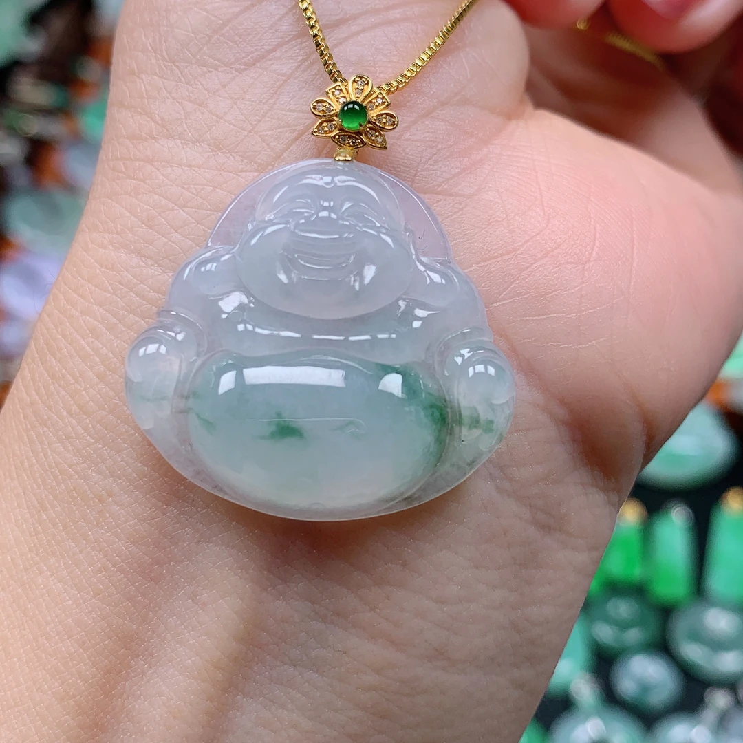 缅甸天然A货翡翠，冰飘花佛公，编号338/1212尺26:6-29.6-6.2