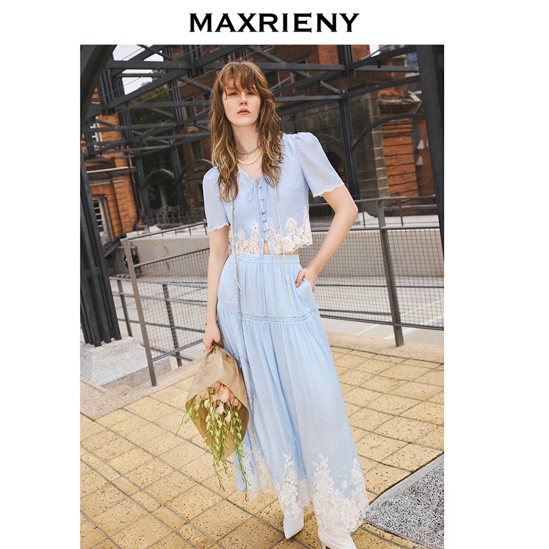 【商场同款】MAXRIENY亲肤肌理感蕾丝拼接半裙25夏款蕾丝散摆长裙