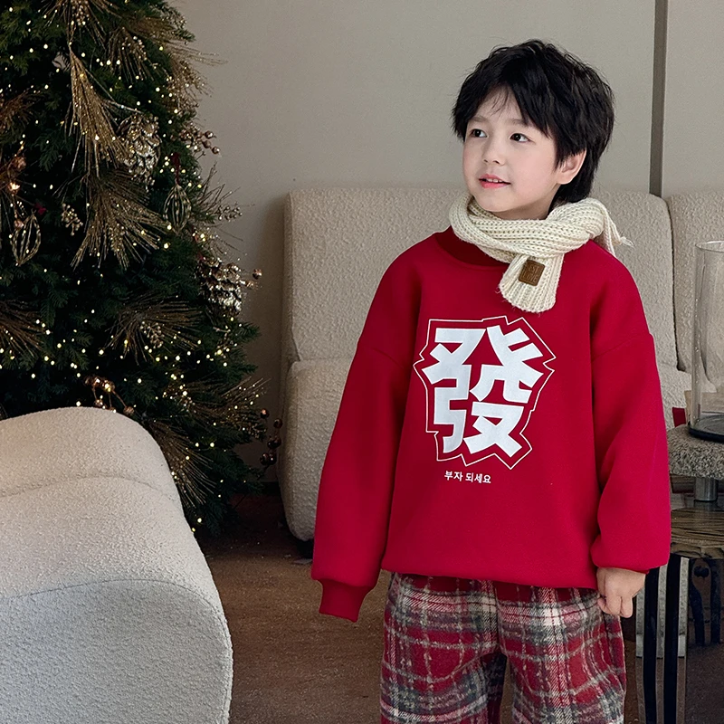 棉小班童装儿童一体绒印花保暖卫衣秋冬圆领加绒打底上衣AD4127