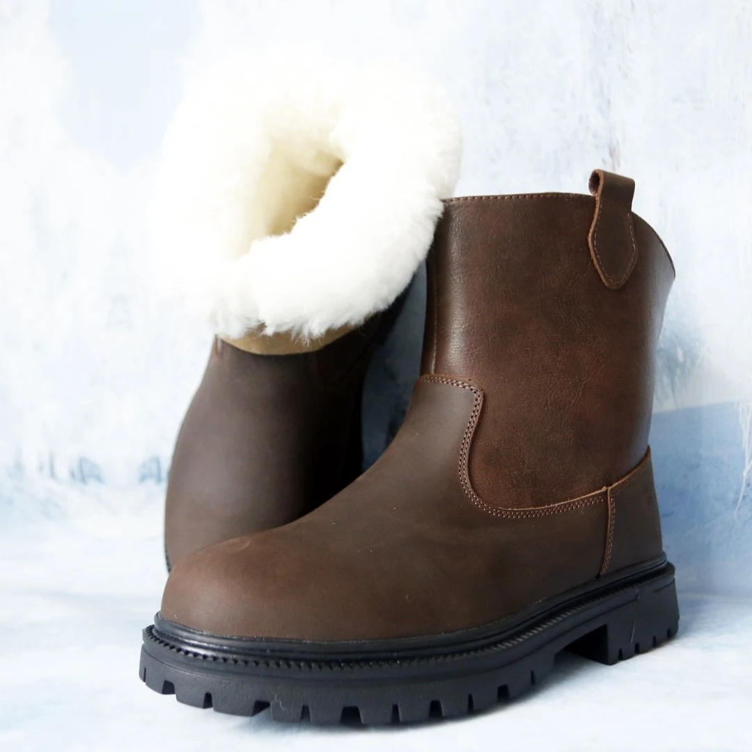 棕色冬季户外保暖加厚防滑东北皮毛一体棉靴羊毛棉鞋防寒蒙古马靴
