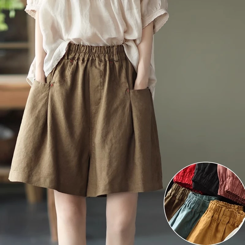 新款夏季外穿亚麻阔腿短裤女松紧腰宽松显瘦阔腿裤爆款高腰麻裤