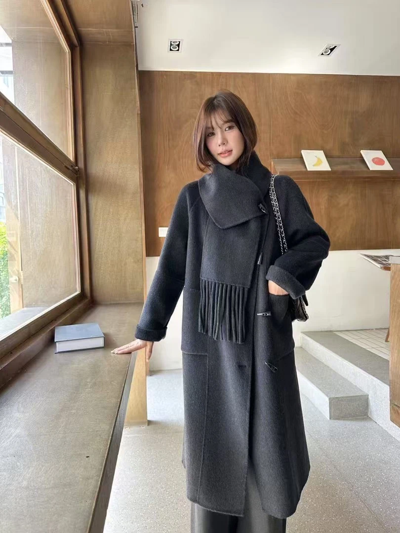 weixu双面羊绒大衣2025秋冬季中长款羊毛大衣女外套高级感带围巾