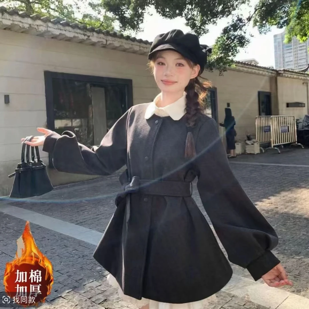 大码胖MM法式收腰冬季保暖加厚毛呢外套加棉显瘦灯笼袖小个子大衣