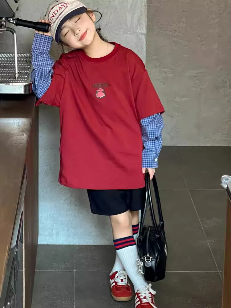 女童T恤长袖2025秋装新款洋气女孩假两件韩版拼接儿童中大童上衣