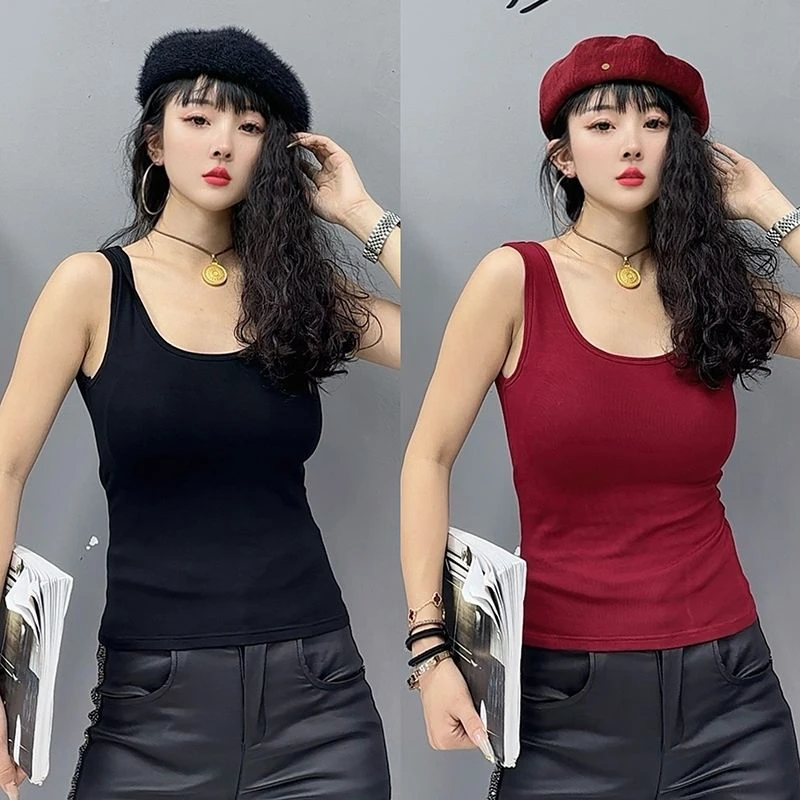 新款欧货设计感U领背心女春夏时尚修身内搭无袖打底衫美背-910