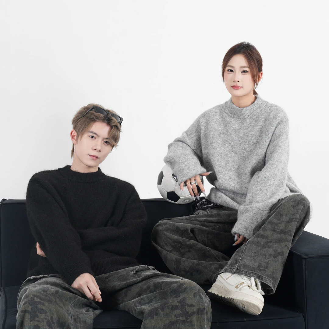 阿叔秋冬韩系小众慵懒针织衫百搭宽松北极绒纯色圆领毛衣TL-9864