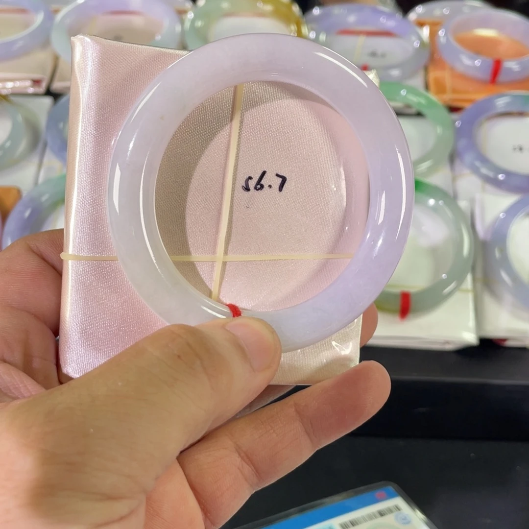 未镶嵌手镯翡翠56.5圆条糯冰淡粉紫
