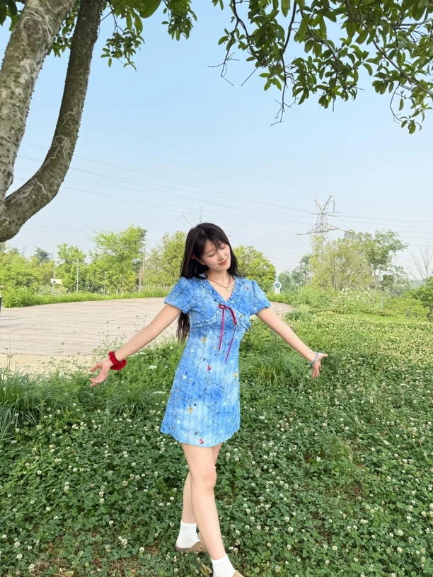 法式蓝色碎花V领夏季中长款收腰显瘦连衣裙