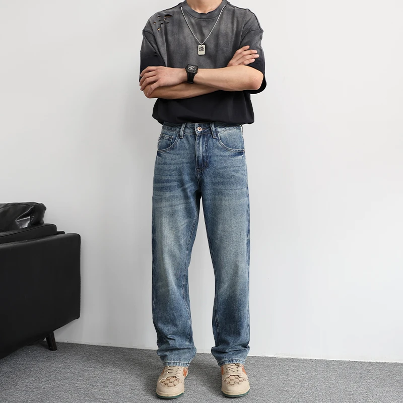 cleanfit美式复古牛仔裤男春夏薄款蓝色休闲百搭宽松直筒长裤男款