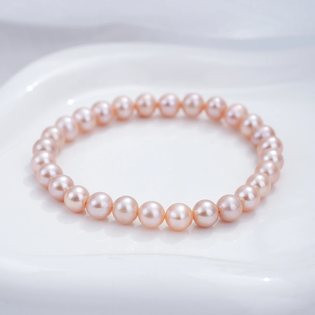 【素圈】6-6.5mm无核天然淡水珍珠浅粉紫色手链手串0991-1