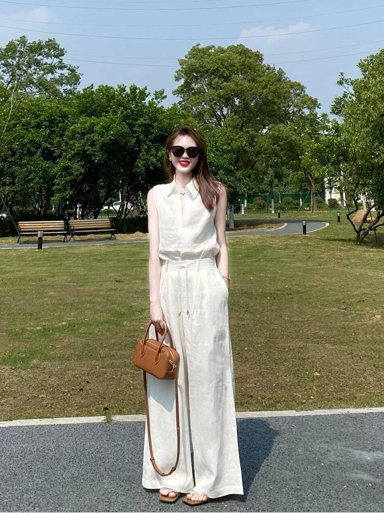 2025夏季新款纯欲辣妹穿搭法式无袖衬衫上衣显瘦休闲阔腿裤两件套