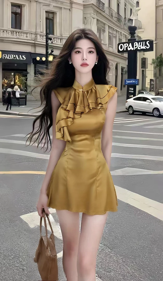 夏季新款温柔知性风金色立领修身收腰连衣裙小众设计高级氛围感