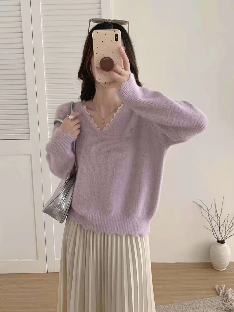 【锐姐优选】[V领蕾丝毛衣]套头时尚宽松温柔风毛衣