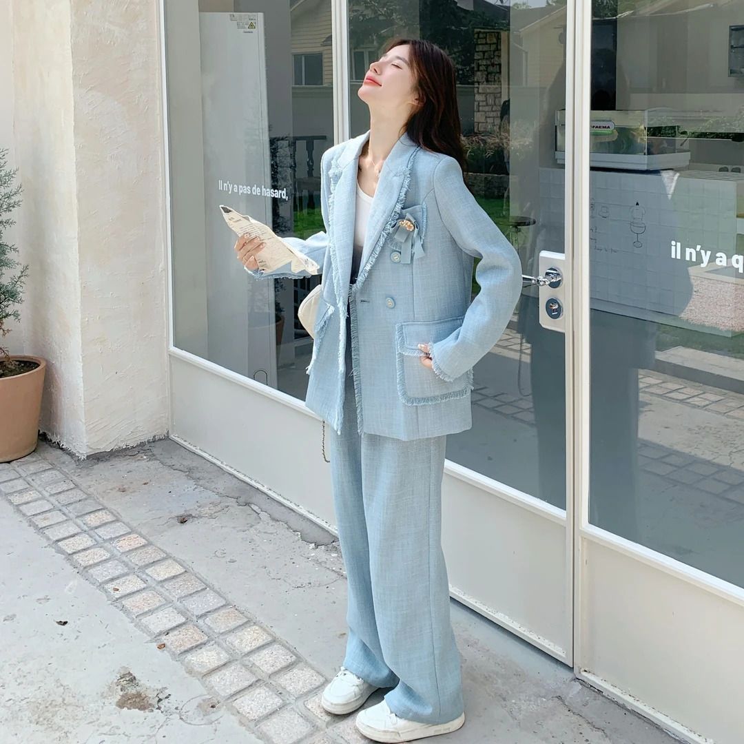 法式小香风西装套装女2025秋季新款盐甜系流苏毛边西服长裤两件套