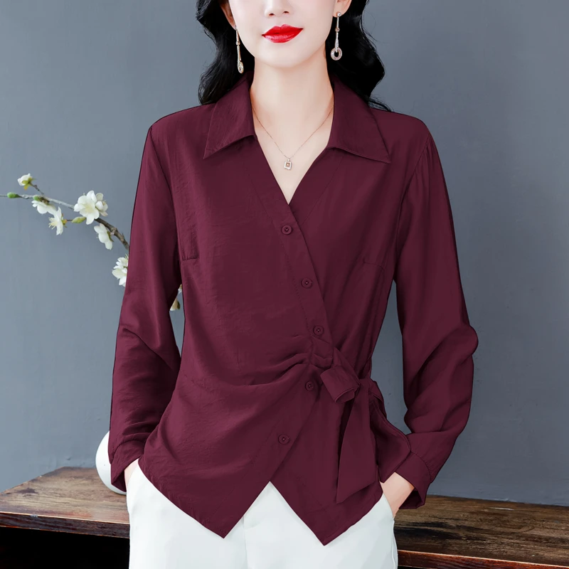 秋季百搭设计收腰系带翻领显瘦减龄上衣女遮肚洋气打底衫长袖衬衣