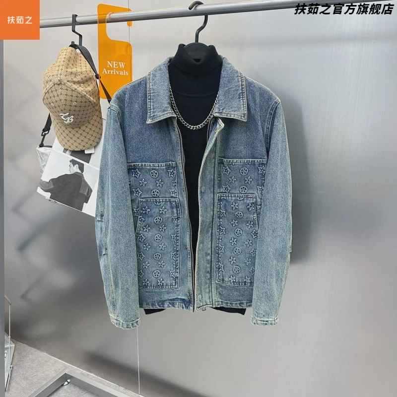男装秋冬牛仔夹克老花钢印做旧复古牛仔外套男时尚夹克 5978