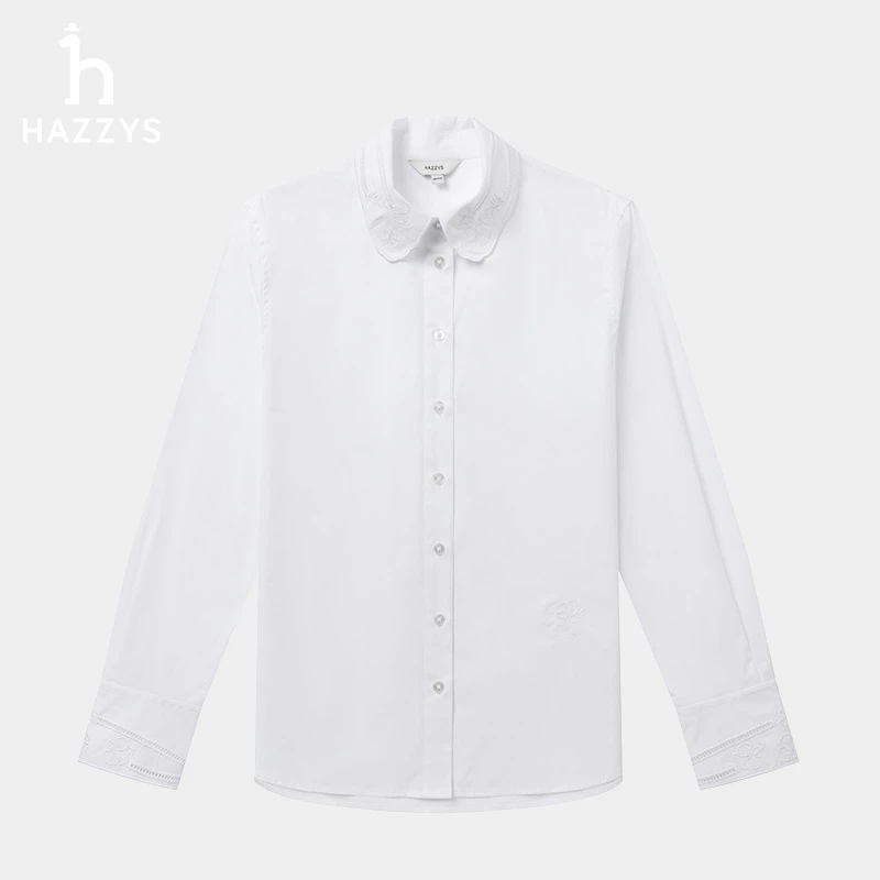 Hazzys哈吉斯女士春季休闲长袖纯色衬衫白色衬衣女装