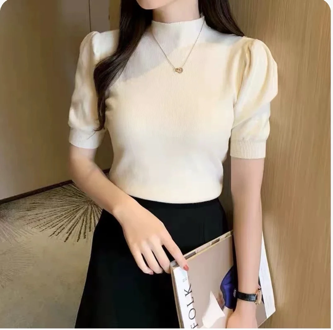 半高领T恤泡泡袖针织衫女黑色显瘦洋气短袖春秋季打底衫薄款上衣