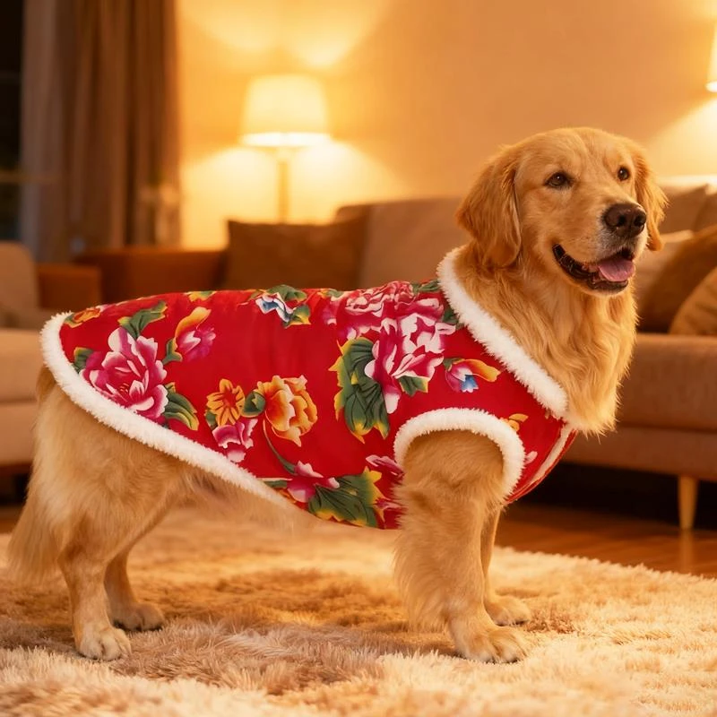 BASITU金毛犬新年衣服大狗衣服可牵引加厚绒保暖秋冬细狗宠物衣服