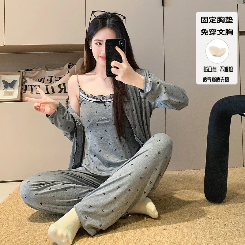 灰色蝴蝶结莫代尔睡衣女春秋季长袖长裤慵懒风睡衣家居服套装