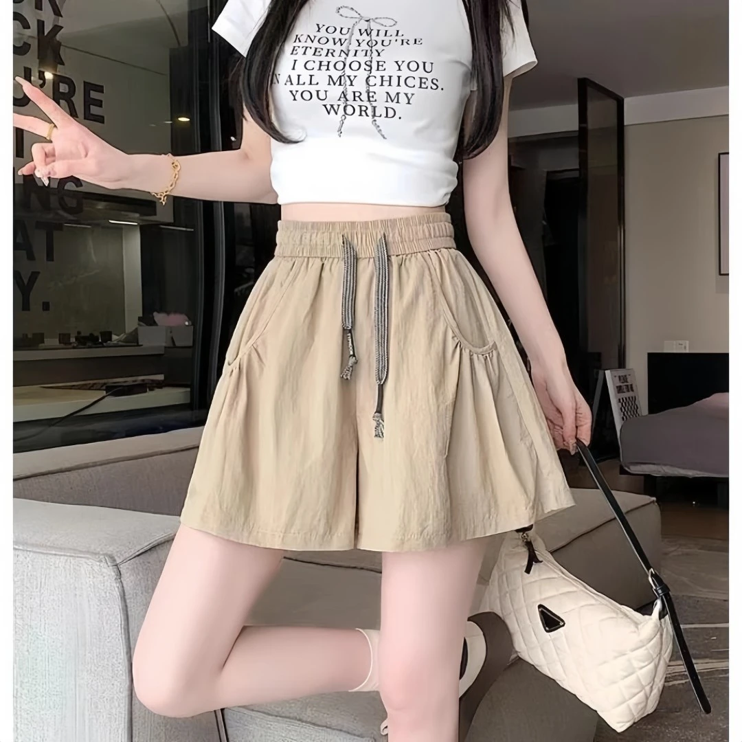 2025夏季新款冰丝皱麻阔腿裤女时尚休闲百搭纯色高腰抽绳短裤裙女