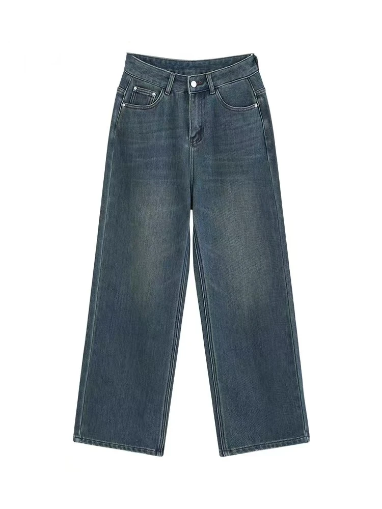 复古蓝直筒牛仔裤女秋冬加绒高腰胖mm大码宽松显瘦梨形身材阔腿裤