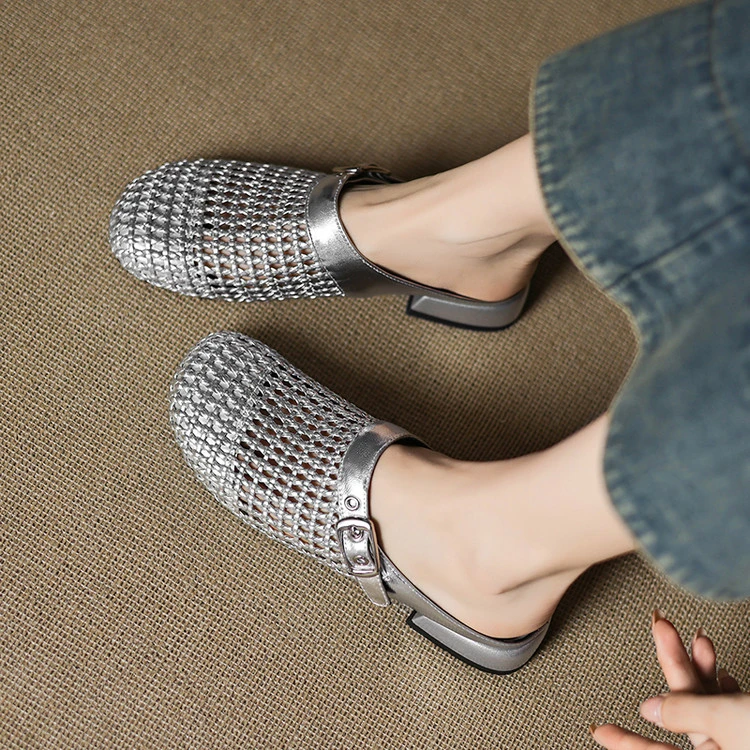 法式编织镂空包头半拖鞋女夏季外穿真皮凉鞋洞洞凉拖鞋懒人穆勒鞋