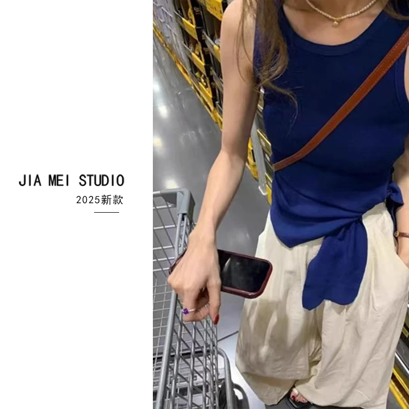 C057夏季新款女装时髦辣妹修身显瘦不规则设计收腰绑带背心上衣