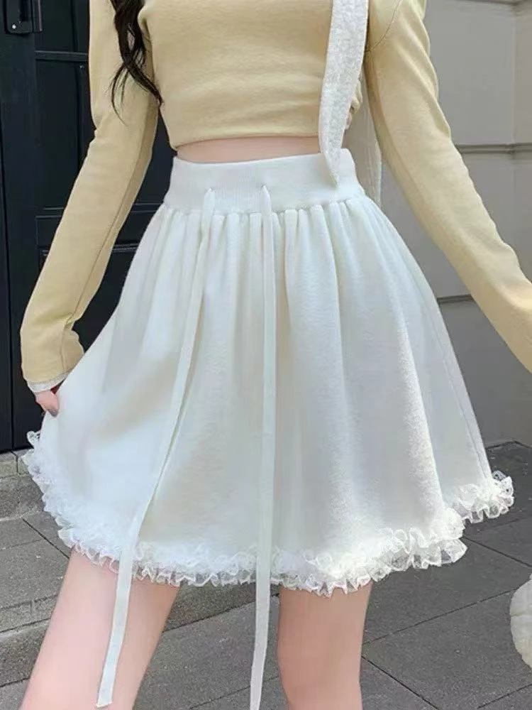 蕾丝安迪绒A字系带女士拼接短裙薄款半身裙白色百褶秋季防走光