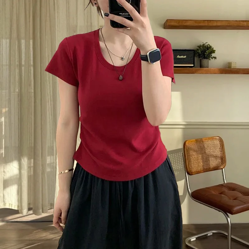 大码胖mm200斤简约小众U领正肩t恤女夏季百搭休闲遮肉显瘦上衣ins