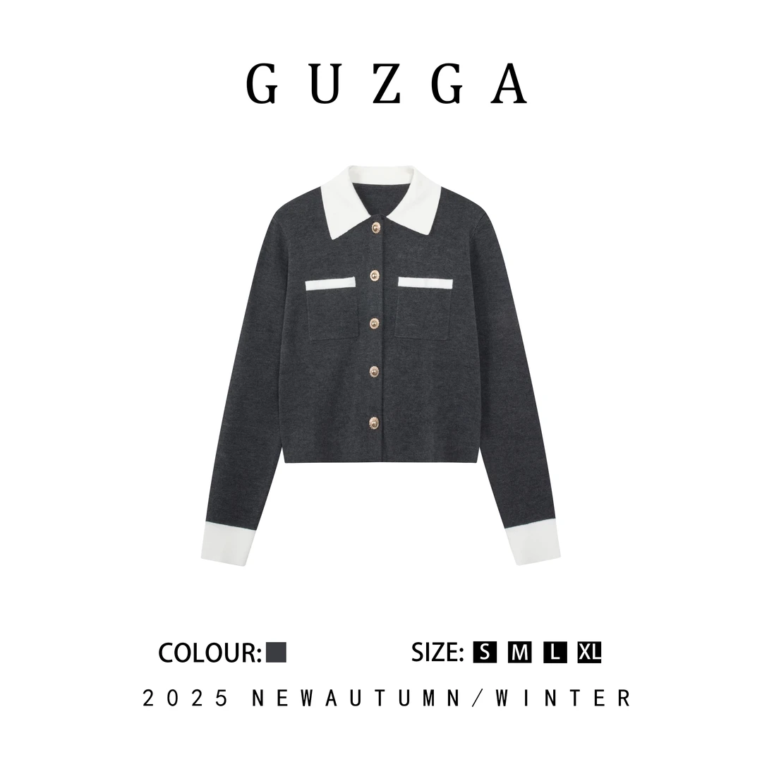 GUZGA【秋月寒江】秋季上深针织开衫小香风长袖外套女款时尚