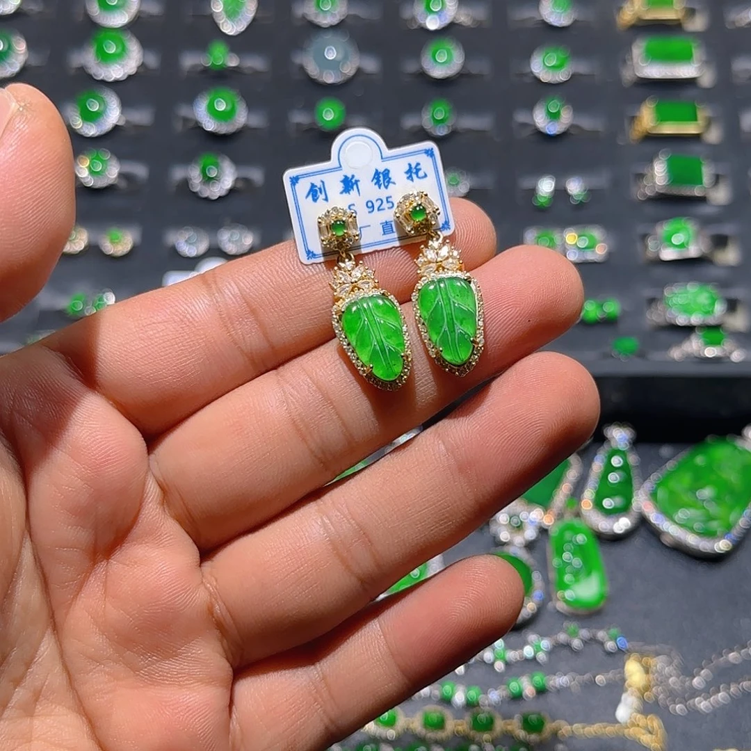 翡翠银S925镀金镶嵌耳饰