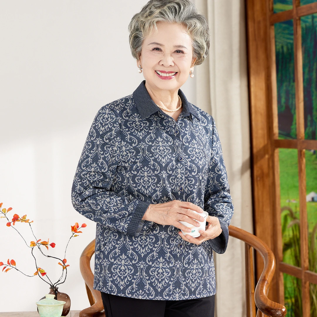 中老年人秋装女奶奶长袖翻领衬衫妈妈装外套老人太太春秋洋气衣服