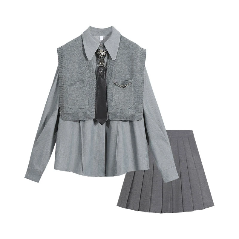 秋季套装女2025年新款学院风时尚减龄针织马甲配衬衫百褶裙三件套