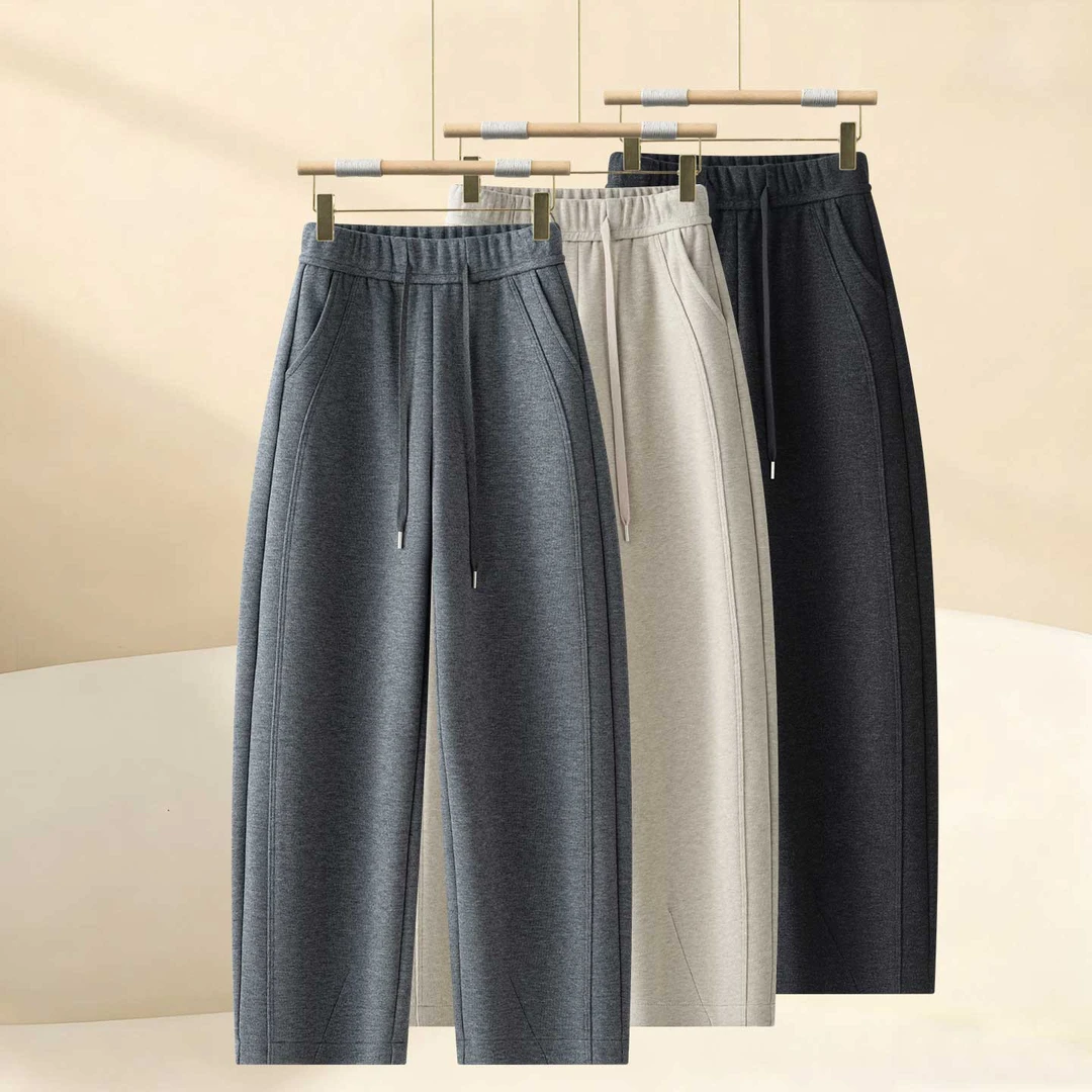 拉夏贝尔加绒弯刀休闲裤女秋冬季2025新款松紧腰流行阔腿裤香蕉裤