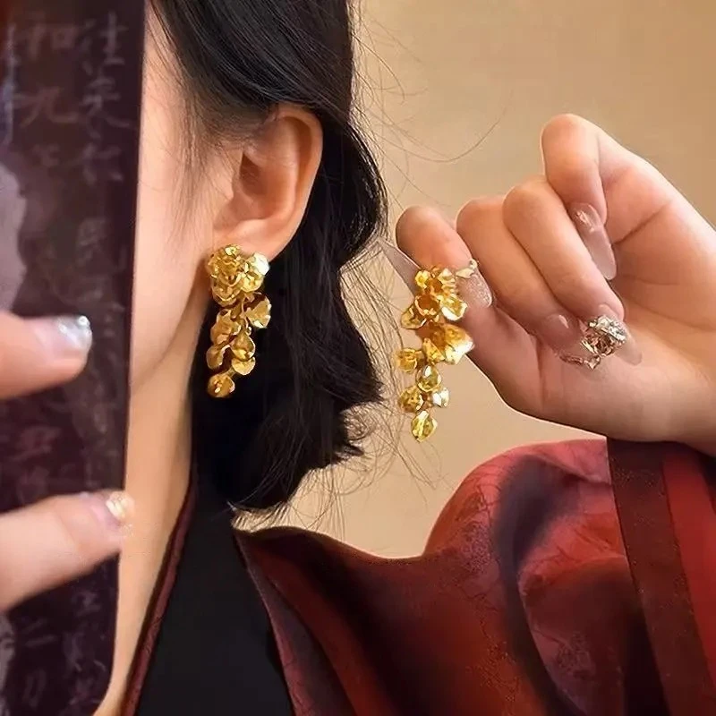 合金耳饰 鎏金碎叶~新中式金色花朵流苏耳环女高级感气质复古耳饰