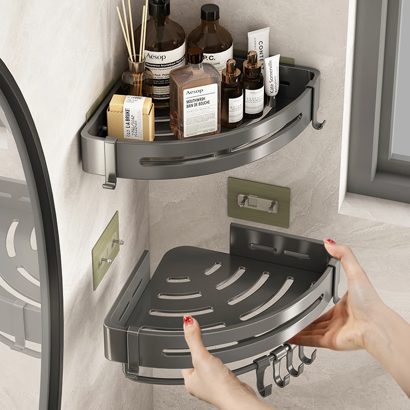 枪灰色卫生间浴室三角置物架壁挂式免打孔转角厕所洗手洗澡间收纳