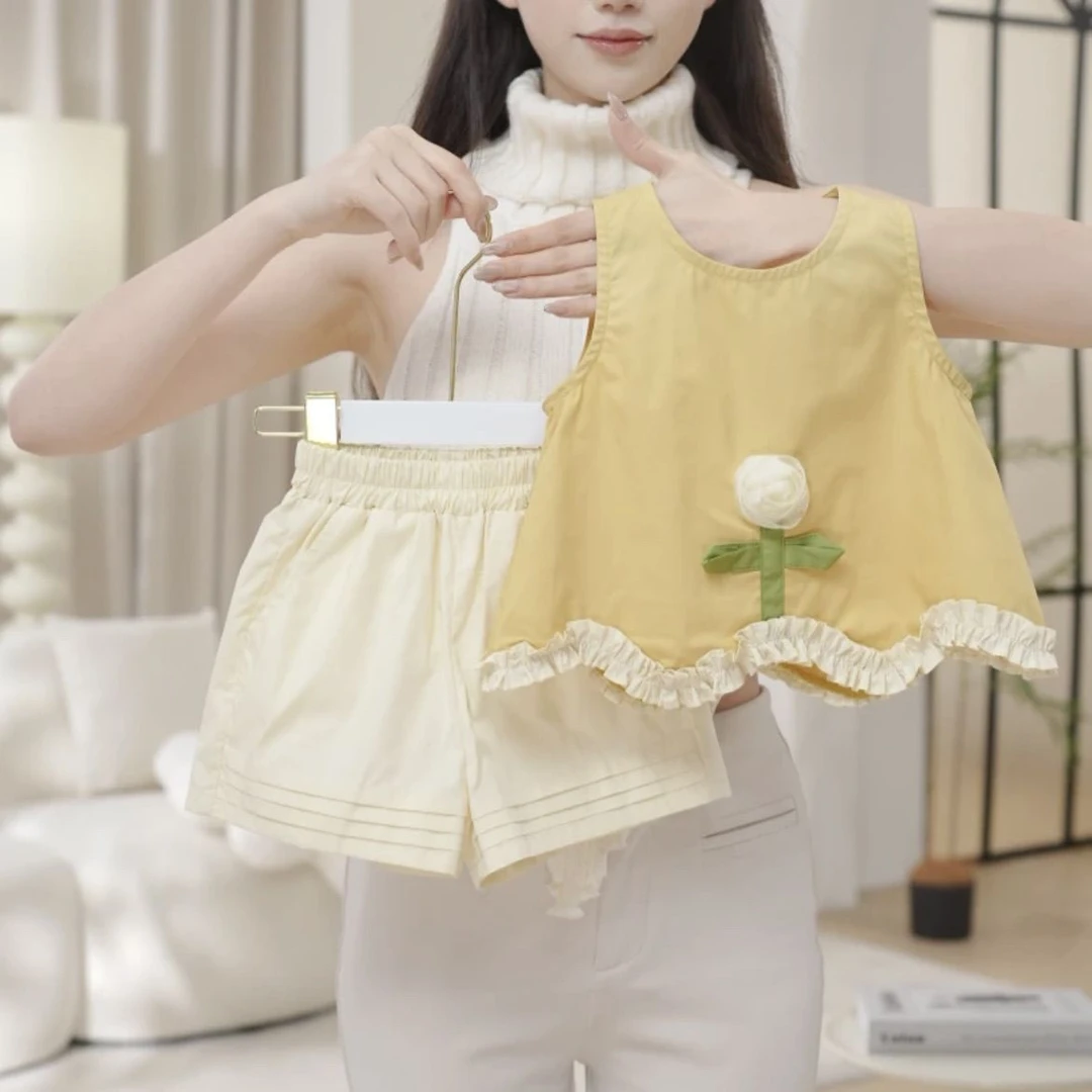 YeeHoO英氏女童夏季新款女宝黄色立体小花无袖高级花边裙短裤套