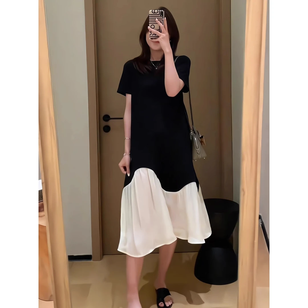 韩系简约高级感休闲黑色连衣裙女夏季设计感宽松气质撞色拼接裙子