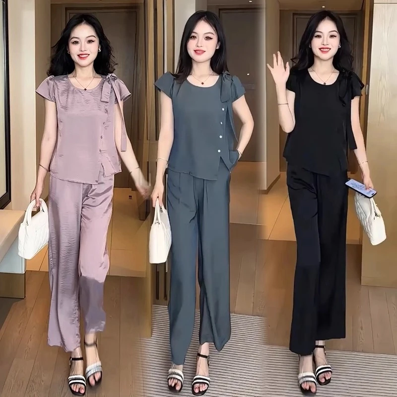 【现货】冰丝时尚套装女2025夏季新款时髦洋气短袖上衣阔腿裤两件套