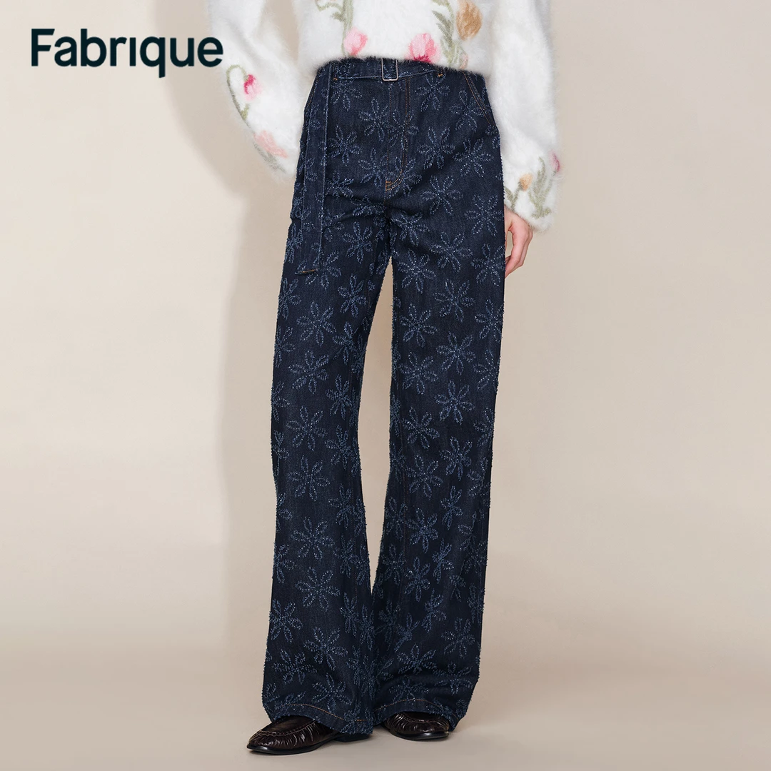 Fabrique Mia秋冬新品深蓝花朵钩花肌理配腰带复古法式阔腿牛仔裤