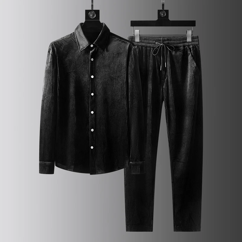 高端条纹翻领时尚休闲套装男士春季新品衬衫撞色长袖两件套男帅气