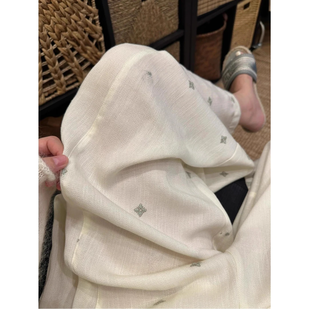 日系刺绣棉麻裤子女夏季薄款今年流行的梧桐裤宽松休闲亚麻阔腿裤