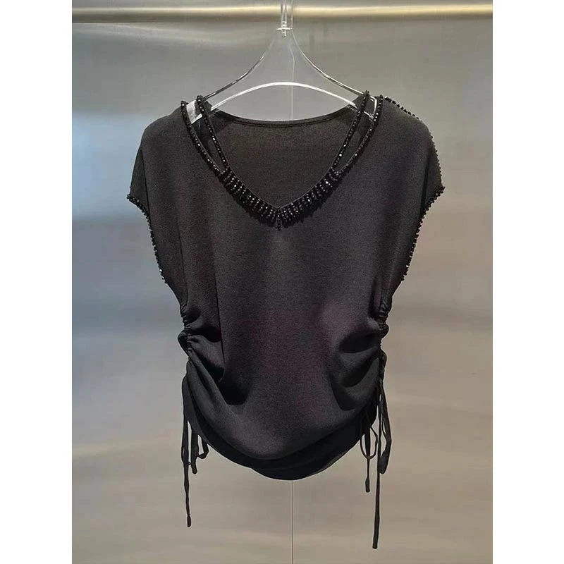 轻奢风v领短袖t恤2026年夏季新款拼接抽绳修身显瘦上衣气质休闲女