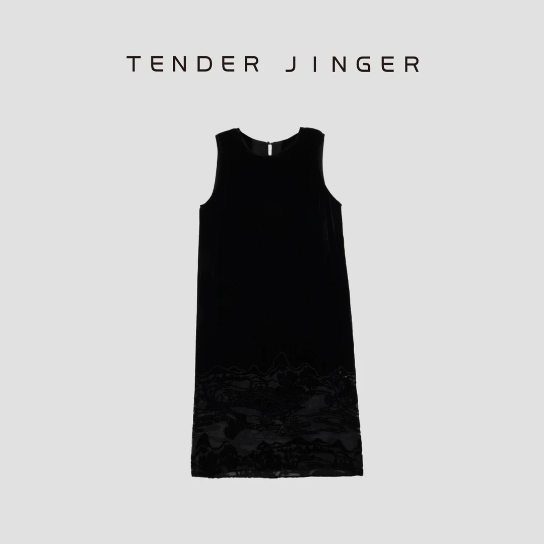 Tender Jinger圆领无袖真丝丝绒气质连衣裙T52SZS30333