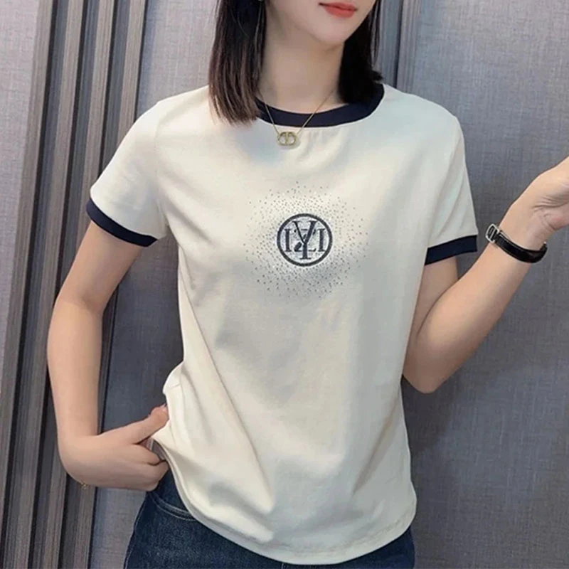 时尚洋气印花撞色圆领短袖T恤女夏季新款简约百搭修身显瘦上衣潮