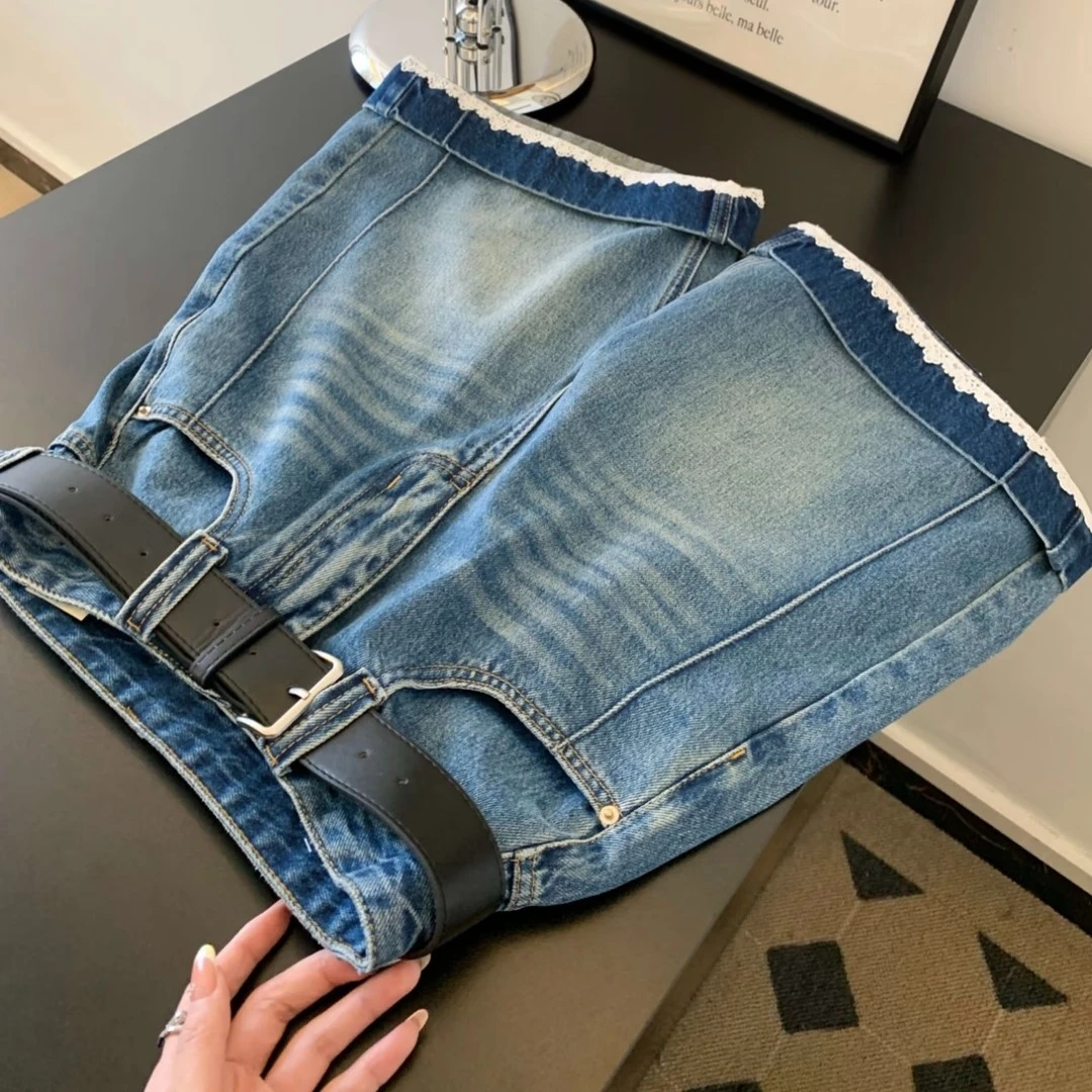 蕾丝花边拼接卷边牛仔短裤女夏季裤子新款宽松遮肉显瘦慵懒牛仔裤