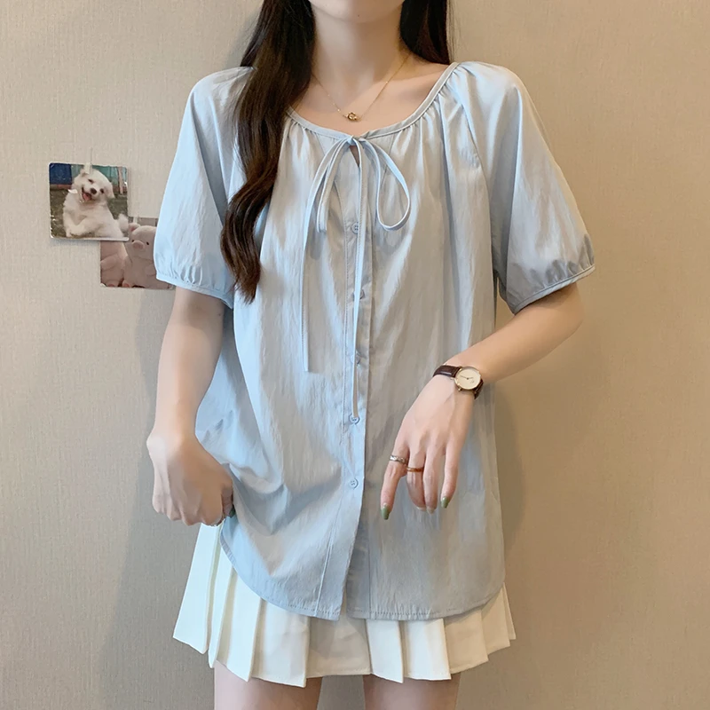 2025夏装新款胖mm大码女柔软风蝴蝶结显瘦正肩衬衣上衣32859